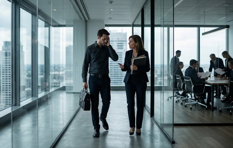 שני אנשים הולכים במסדרון